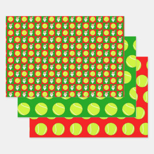 Tennis Balls and Santa Red and Green Christmas Wrapping Paper Sheet