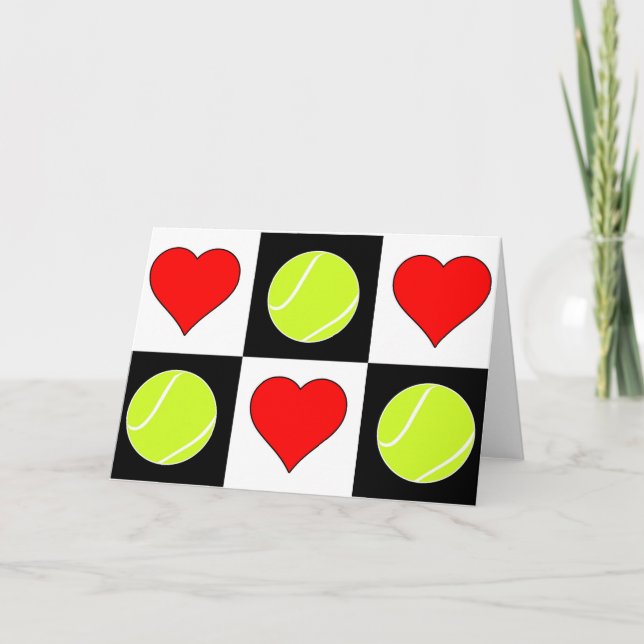 Tennis Balls & Hearts Cute Chequered Greeting Card (Front)
