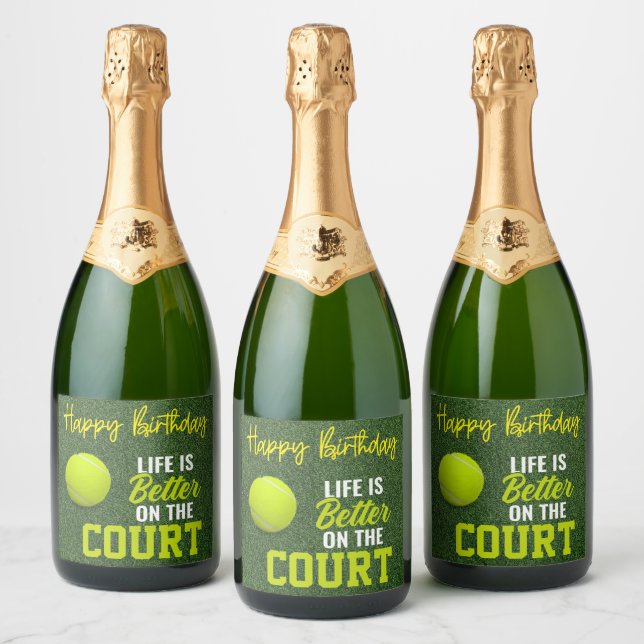Tennis balls Life is better on the court Birthday  Sparkling Wine Label (Bottles)