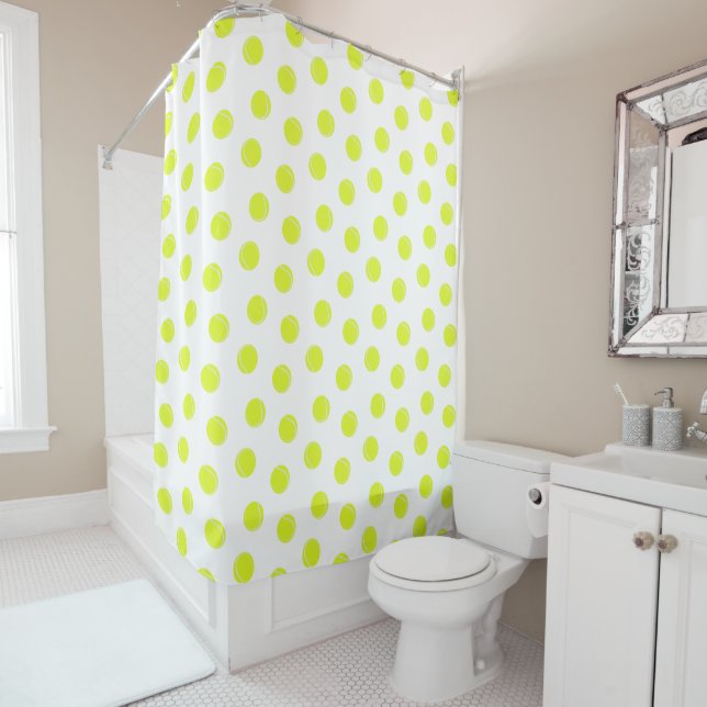 Tennis Balls on White Pattern Shower Curtain (In Situ)