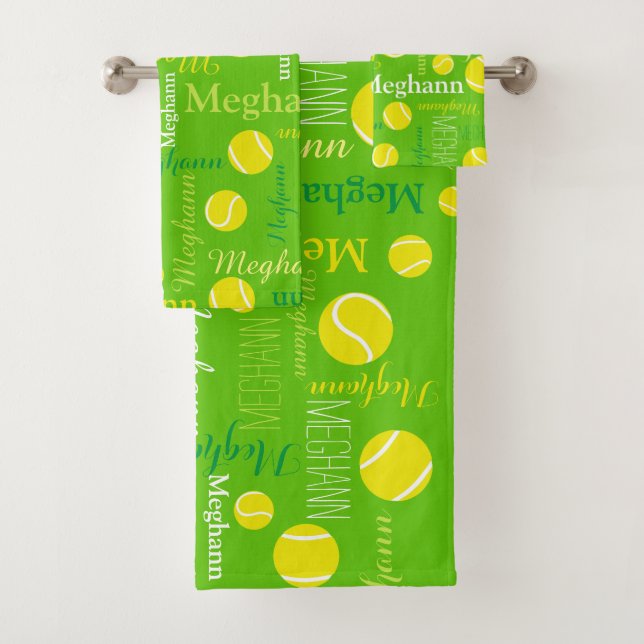 Tennis balls sports yellow, green custom name bath towel set (Insitu)