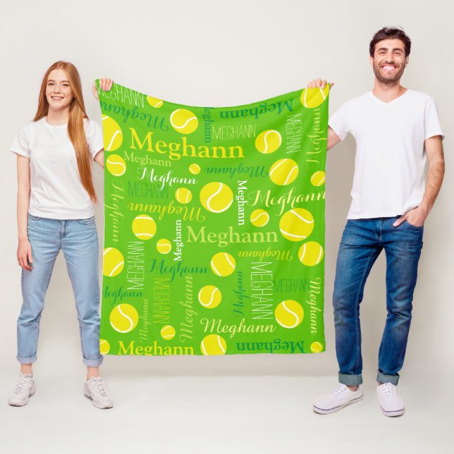 Tennis balls sports yellow, green custom name fleece blanket (In Situ)