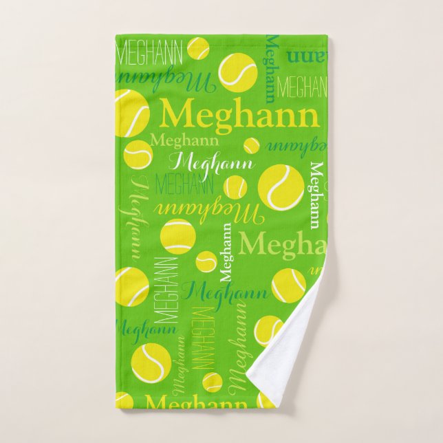 Tennis balls sports yellow, green custom name hand towel (Hand Towel)