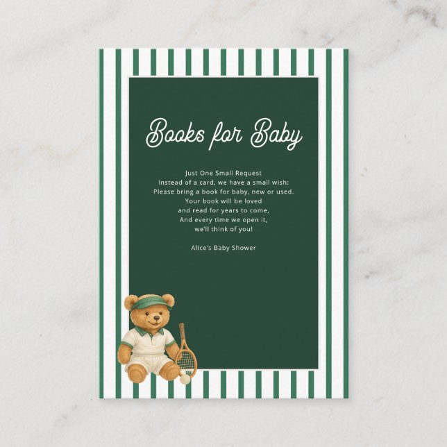 Tennis Bear Baby Shower Books For  Enclosure Card (Front)