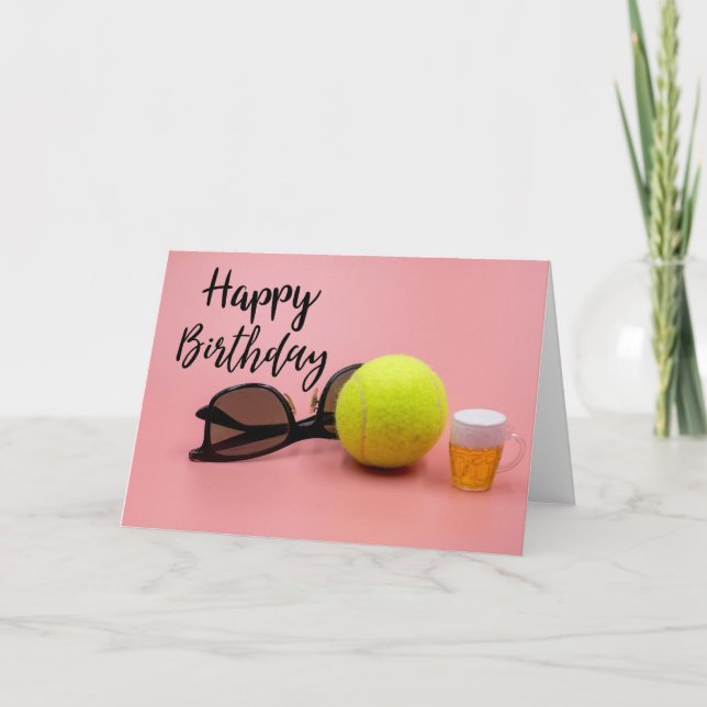 Tennis  Birthday card with ball and beer on pink (Front)
