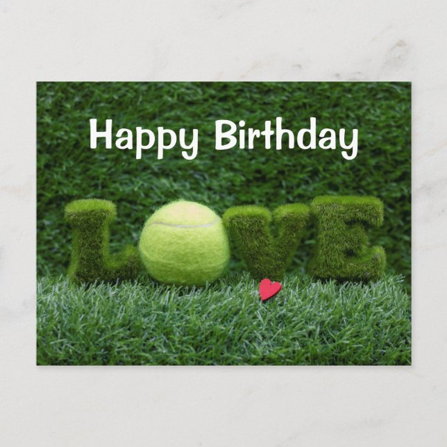 Tennis Birthday card with LOVE on green grass (Front)