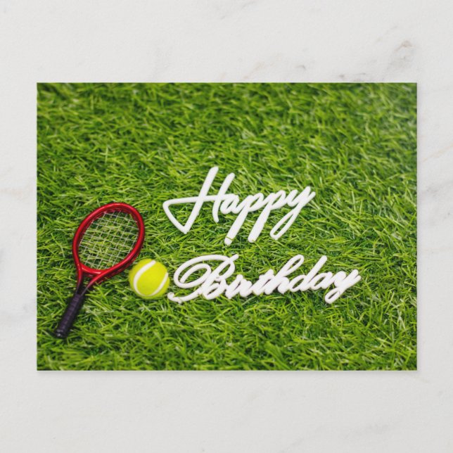 Tennis birthday card with racket and ball on green (Front)