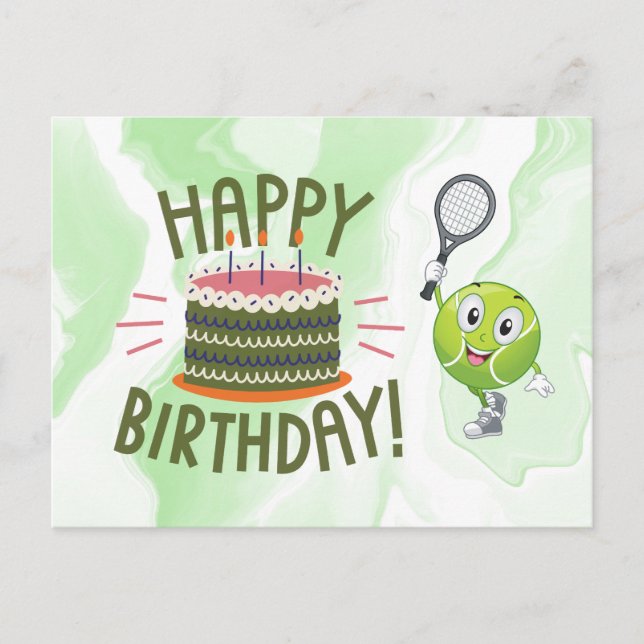 Tennis Birthday card with racket and ball on green (Front)