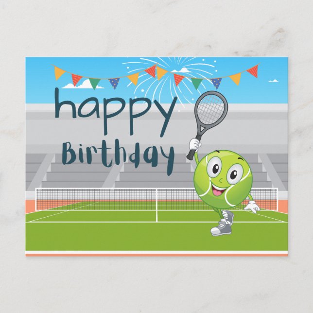Tennis Birthday card with racket and ball on green (Front)