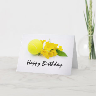 Tennis birthday card with tennis ball and flowers