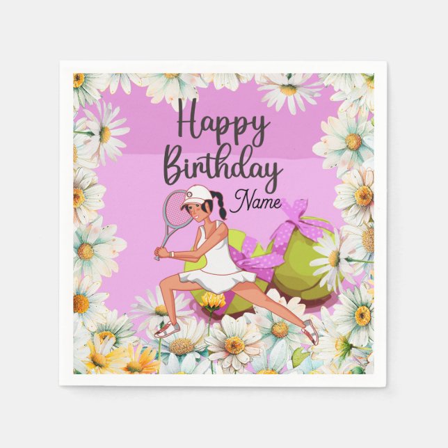 Tennis Birthday for woman player with daisy flower Napkin (Front)