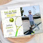 Tennis Birthday Invitations with photo<br><div class="desc">Celebrate your child’s birthday with these stylish Grey & Light Green Tennis Birthday Invitations! Featuring a sleek grey and light green tennis design, these customisable invitations allow you to add a personal photo for a unique touch. Perfect for a tennis-themed birthday party, these invitations will bring an energetic and sporty...</div>