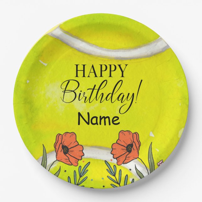 Tennis Birthday  on tennis ball for player  Paper  Paper Plate (Front)
