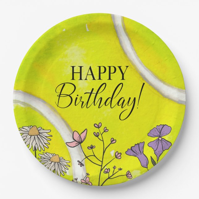 Tennis Birthday  on tennis ball for player  Paper Plate (Front)