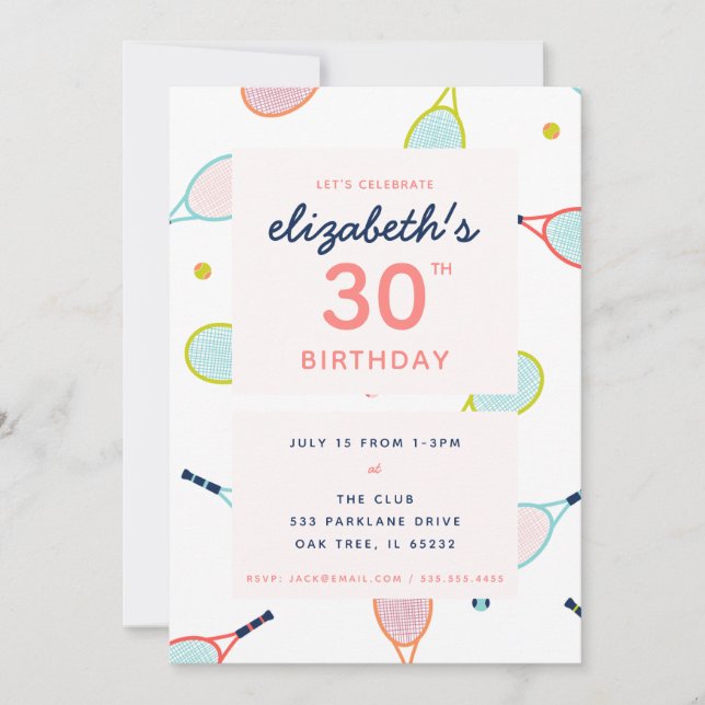 Tennis Birthday Party Coral Blue Green Custom Invitation (Front)