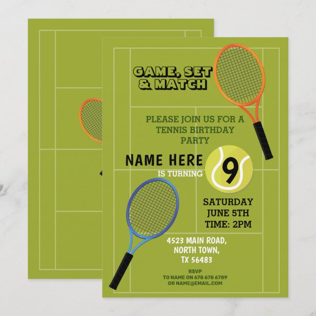 Tennis Birthday Party Sports Ball Rackets Court Invitation (Front/Back)