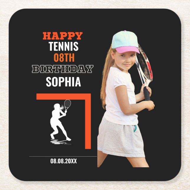 Tennis Birthday, Tennis Girl Player Backdrops Square Paper Coaster (Front)