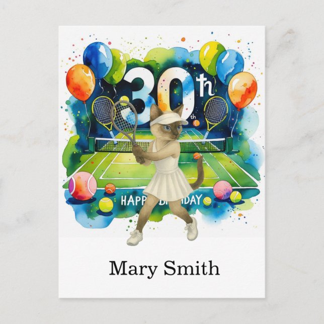 Tennis birthday themed for Siamese Cat lovers Postcard (Front)