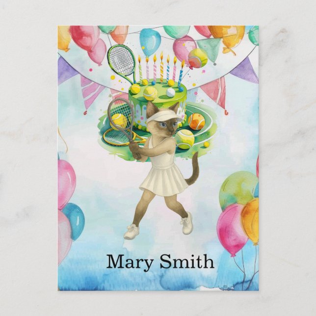 Tennis birthday themed for Siamese Cat lovers Postcard (Front)