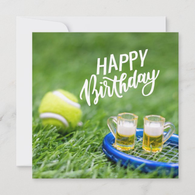 Tennis Birthday with ball and beer on green grass  (Front)
