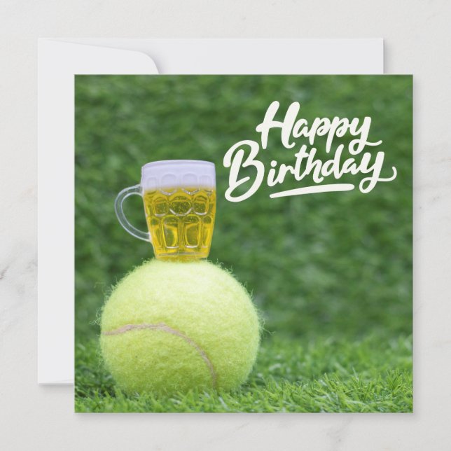 Tennis Birthday with  ball and Beer on Green Grass Card (Front)