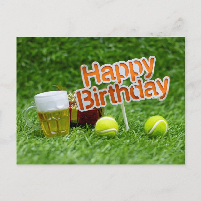 Tennis birthday with ball and gifts on green grass postcard (Front)