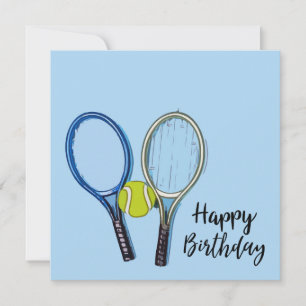 Tennis Birthday with  ball and  Racket on Blue Card