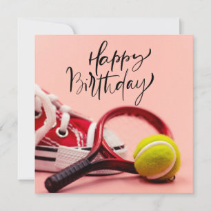 Tennis Birthday with  ball and  Racket on Pink Card