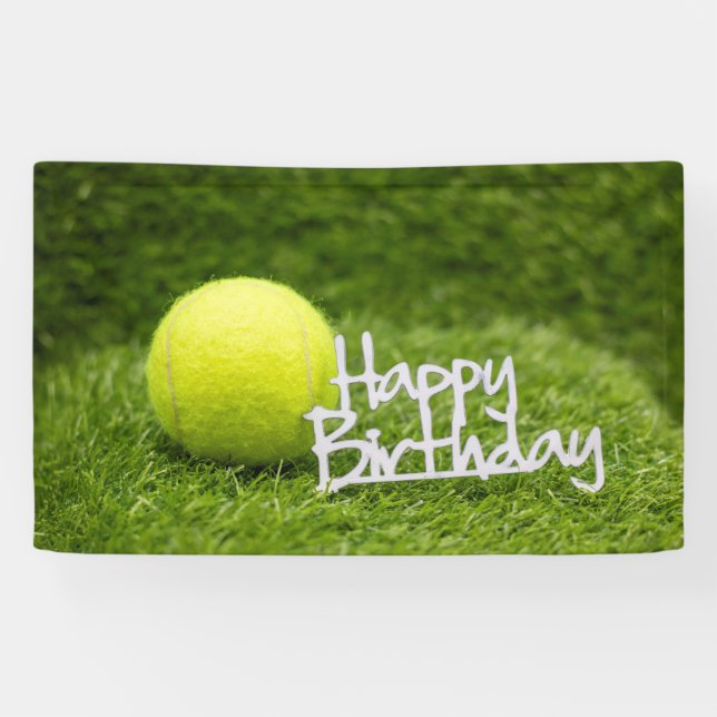 Tennis birthday with ball on green grass Happy  Banner (Horizontal)
