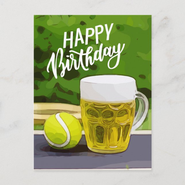Tennis Birthday with Beer and ball racket on green Postcard (Front)