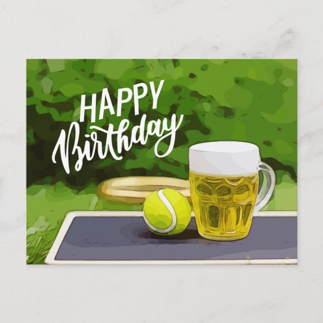 Tennis Birthday with Beer and ball racket on green Postcard (Front)