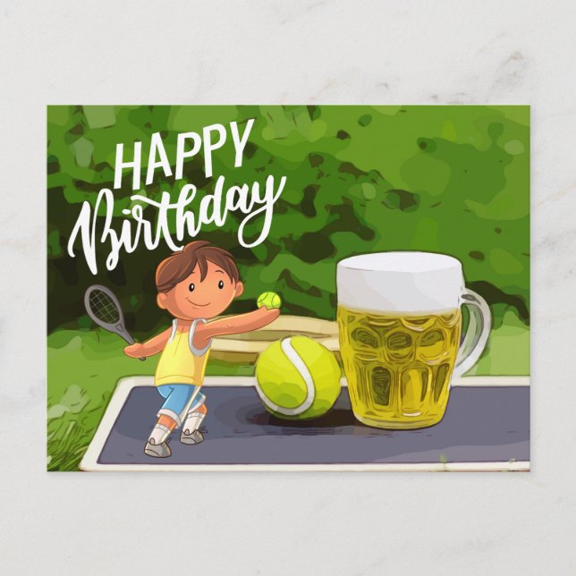 Tennis Birthday with Beer and ball racket on green Postcard (Front)