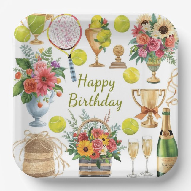 Tennis Birthday with Flowers and ball watercolor Paper Plate (Front)