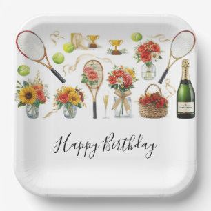 Tennis Birthday with Flowers and ball watercolor Paper Plate
