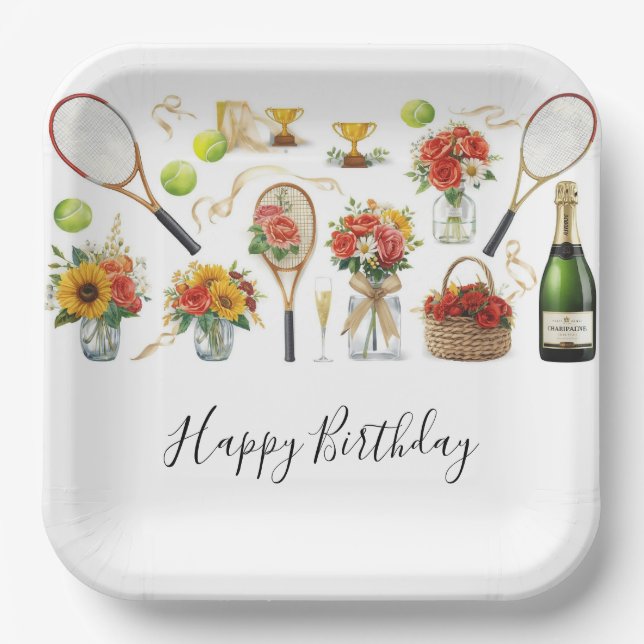 Tennis Birthday with Flowers and ball watercolor Paper Plate (Front)