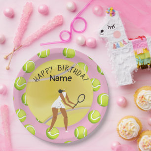 Tennis Birthday with tennis player on pink   Paper Plate