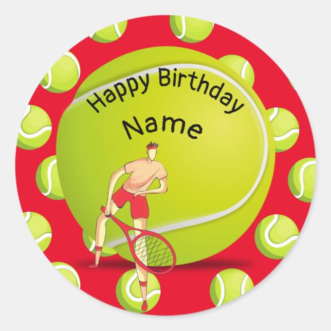 Tennis Birthday with tennis player on red Classic Round Sticker (Front)