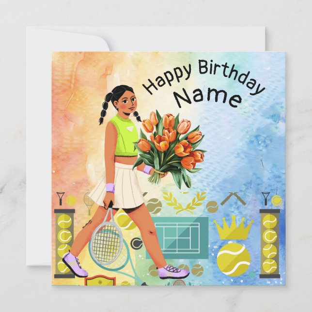 Tennis Birthday with tennis player woman Card (Front)