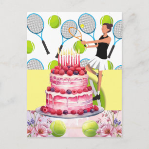 Tennis Birthday with woman player and flower Postcard