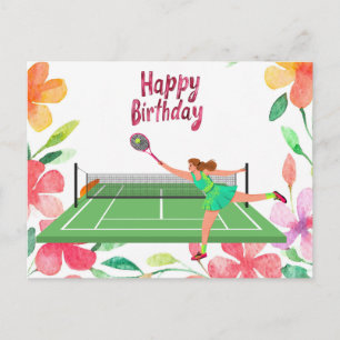 Tennis Birthday with woman player and flower Postcard