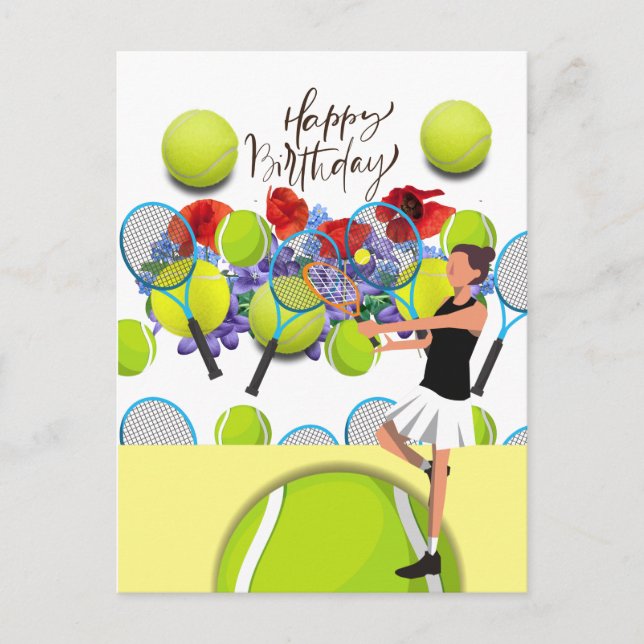 Tennis Birthday with woman player and flower  Postcard (Front)