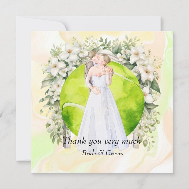 Tennis Bride and Groom on Tennis Ball for Wedding  Thank You Card (Front)