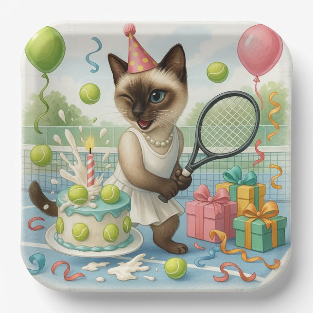 Tennis Cat Paw-some Birthday Party Paper Plate (Front)