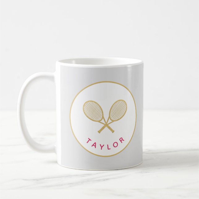 Tennis Chic Player Gift Pink and Gold Custom Coffee Mug (Left)