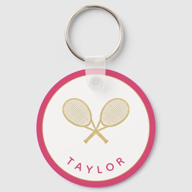 Tennis Chic Player Gift Pink and Gold Custom Key Ring (Front)