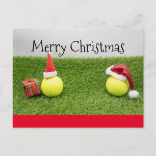Tennis Christmas Card with Santa hat on Green