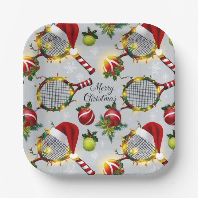 Tennis Christmas  Festive Racquets and Ball  Paper Plate (Front)
