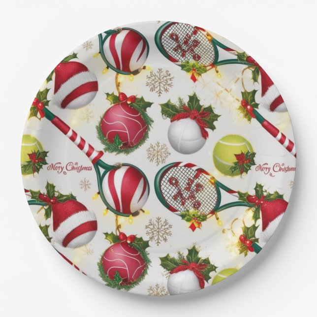 Tennis Christmas  Festive Racquets and Ball  Paper Plate (Front)