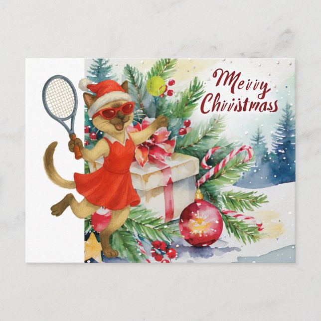 Tennis Christmas for Cat Lovers Holiday Card (Front)