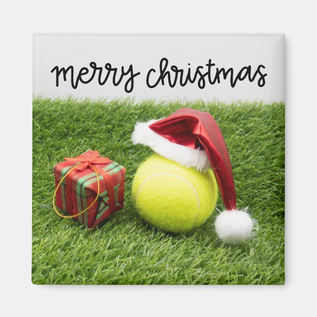 Tennis Christmas Holiday Card with ball and Santa Magnet (Front)